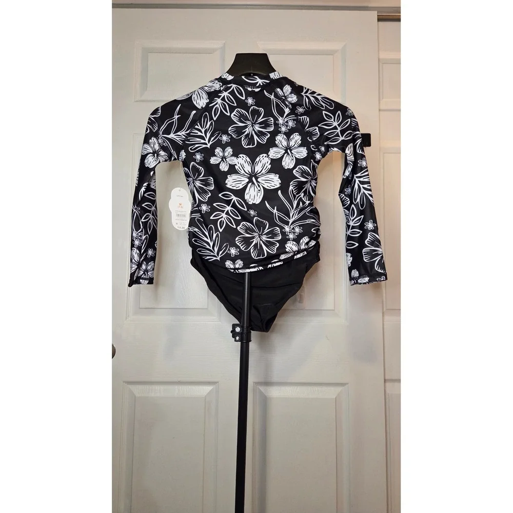 Girls Long Sleeve Rash Guard Swimsuit Set Black White Floral M 7-8